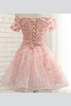 Robes de bal de fin d'année à épaules dénudées en tulle rose avec appliques florales