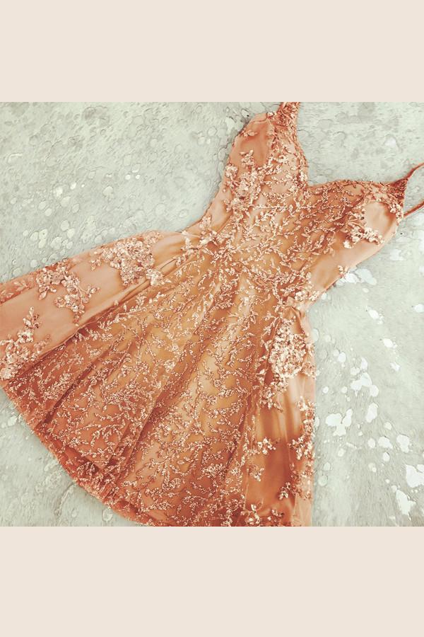 Coral Simple Short V Neck Lace Appliques Beaded Homecoming Dresses Party Dress