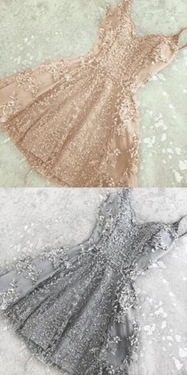Coral Simple Short V Neck Lace Appliques Beaded Homecoming Dresses Party Dress