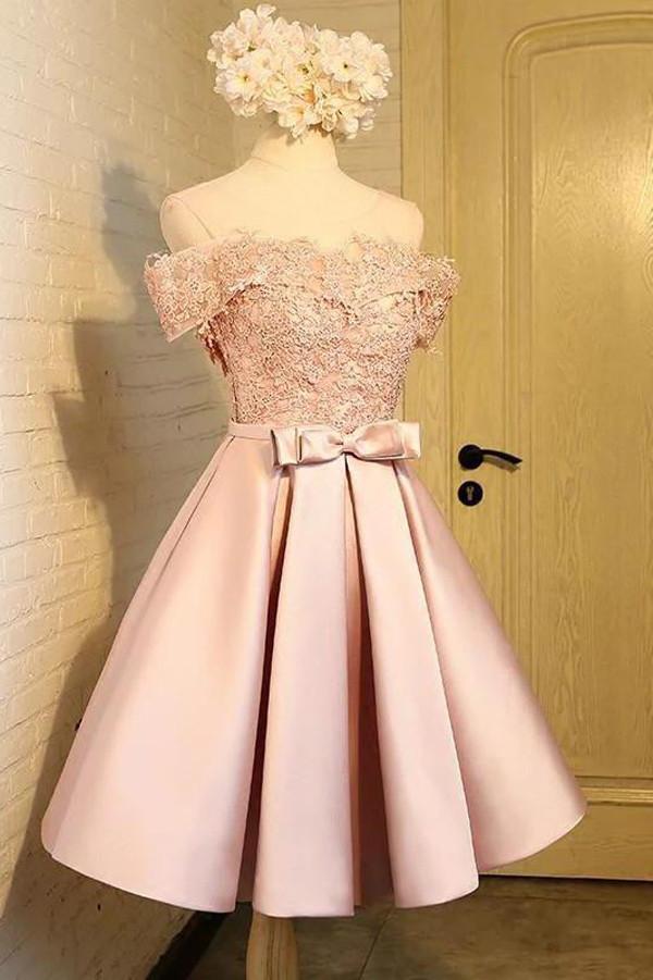 Robe courte de bal rose en satin à épaules dénudées, robe d'accueil ornée d'appliques