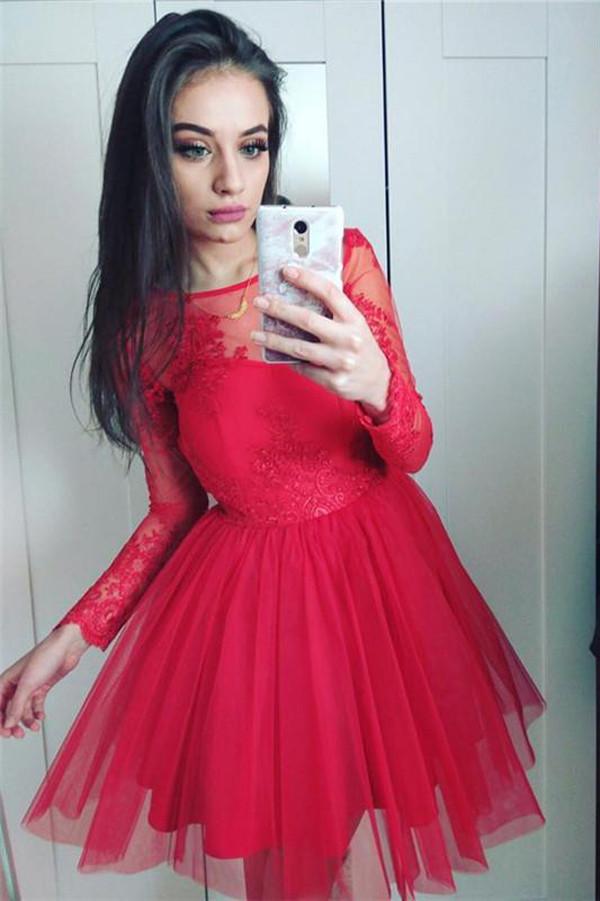Robe de bal de fin d'année rouge en tulle à manches longues fleuries et transparentes avec applications