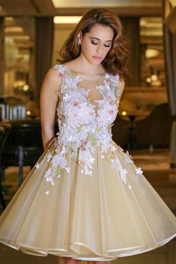 Robes courtes de bal en tulle élégantes, robe de retour à la maison à dos ouvert avec applications