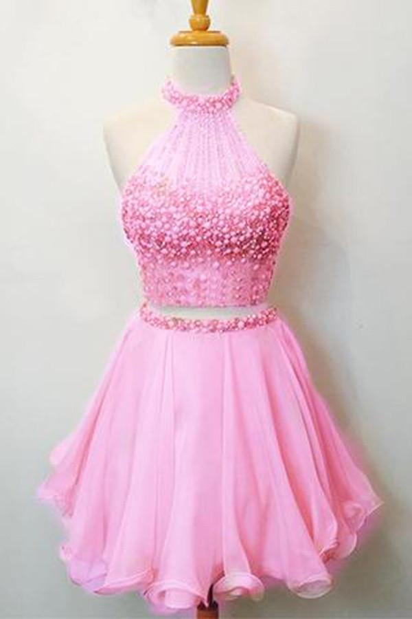 Hot Pink Two Piece Halter Beaded Scoop Neck Keyhole Back Homecoming Dresses