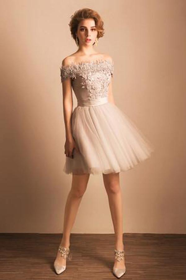 Robe courte de bal en tulle à épaules dénudées, robes de retour à la maison à encolure dégagée avec appliques