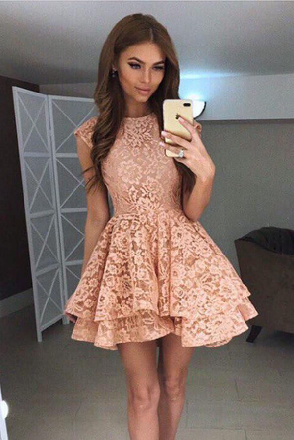 Coral Lace Puffy Appliques Short Prom Dress,Tiered Homecoming Dress