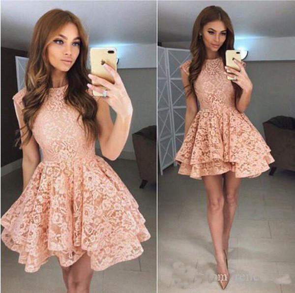 Coral Lace Puffy Appliques Short Prom Dress,Tiered Homecoming Dress
