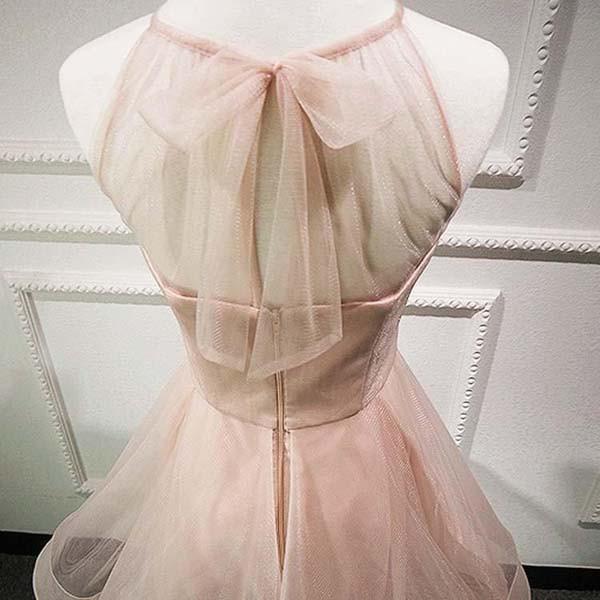 Cute Tulle Pink Sheer Halter Lace Up Homecoming Dresses, Party Dress