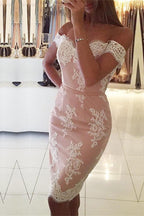 Bodycon Off Shoulder Mid Back Cheap Homecoming Dress with Appliques