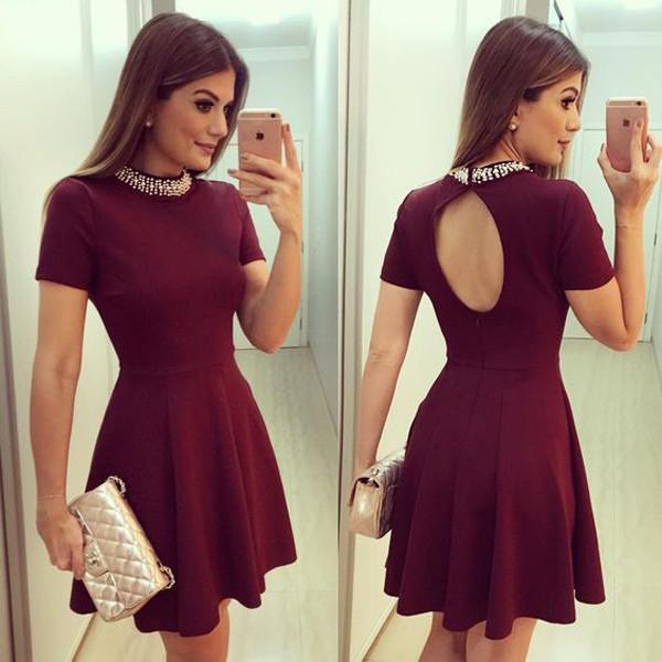 Burgundy High Neck Short Sleeve Keyhole Back Beaded Homecoming Dress
