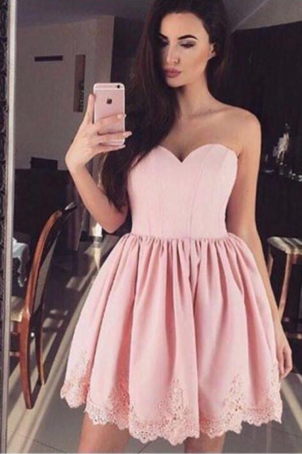 Robe rose sans bretelles ni manches avec appliques, abordable, pour bal de fin d'année