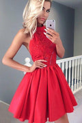 Vestito corto da ballo rosso con schiena scoperta e applicazioni, abiti per serata di ritorno a casa