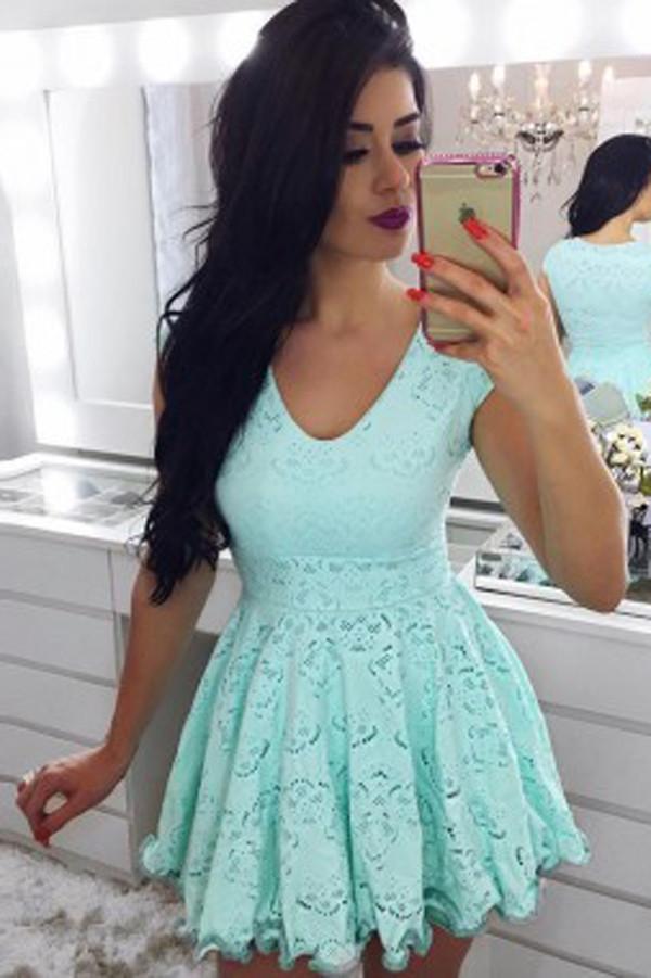 Robe courte de bal à manches courtes vertes, robe de retour à la maison en dentelle, robes de fête