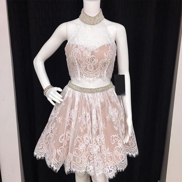 Two Piece Black Halter Lace Open Back Homecoming Dress With Appliques