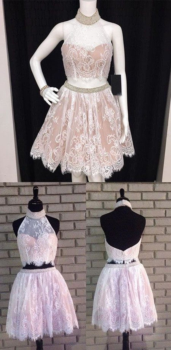 Two Piece Black Halter Lace Open Back Homecoming Dress With Appliques