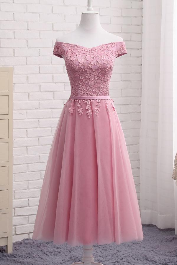 Robe courte de bal rose à épaules dénudées, en dentelle, coupe trapèze, robes de soirée abordables