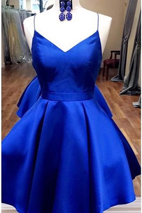 Robes de bal d'accueil bleu royal à bretelles spaghetti et col en V avec ruban