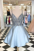 Vestidos prateados de festa com decote em V, contas e corte evasé, para regresso a casa, vestido curto de cerimónia com alças