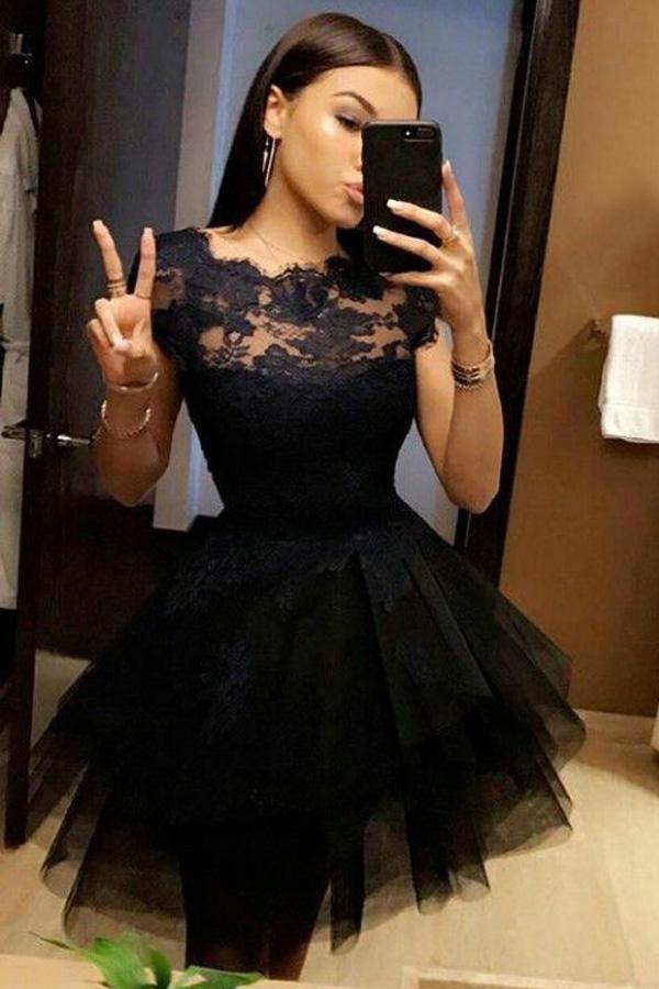 Black Lace Short Sleeve Homecoming Dress, Short Prom Dress With Appliques