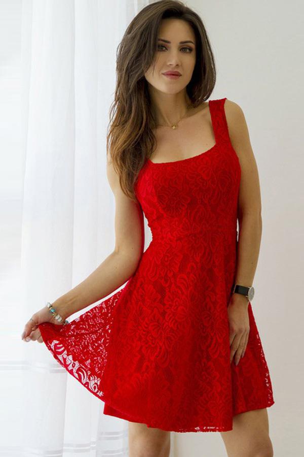 Abito per festa di fine anno con scollo quadrato rosso, schiena a V e allacciatura con pizzo, decorato con applicazioni, MH306