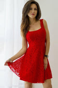 Abito per festa di fine anno con scollo quadrato rosso, schiena a V e allacciatura con pizzo, decorato con applicazioni, MH306