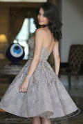 Vestido de fiesta gris recto sin tirantes, brillante, de media pierna, bonitos vestidos de bienvenida