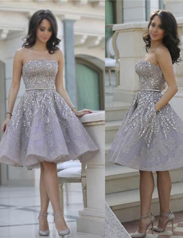 Vestido de fiesta gris recto sin tirantes, brillante, de media pierna, bonitos vestidos de bienvenida