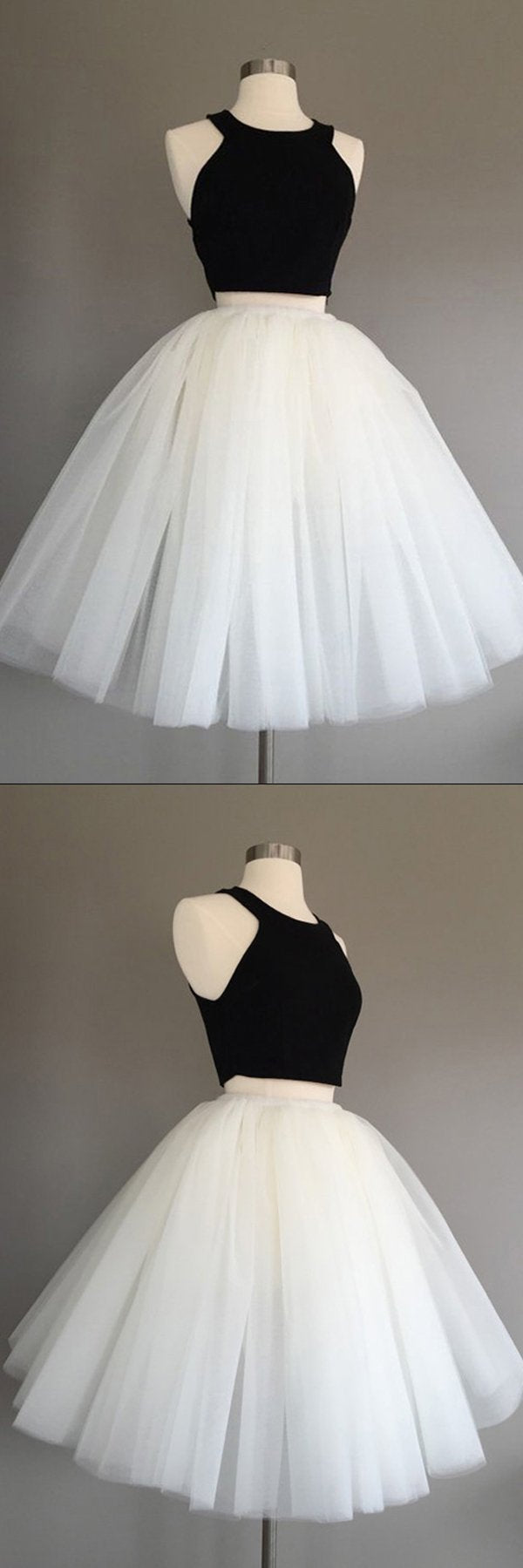 Vestido de fiesta corto de tul color marfil de dos piezas, con cuello halter, sin mangas, hasta la rodilla