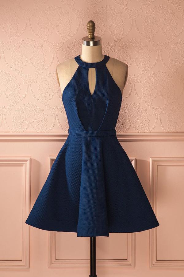Dark Blue Halter A Line Open Back Sleeveless Homecoming Dresses