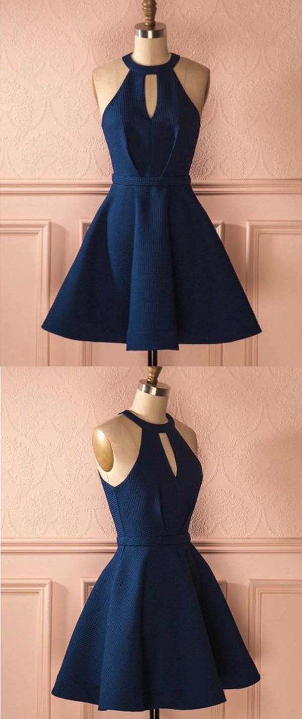 Dark Blue Halter A Line Open Back Sleeveless Homecoming Dresses