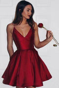 Burgundy Taffeta A-line V-neck Simple Spaghetti Strap Homecoming Dress