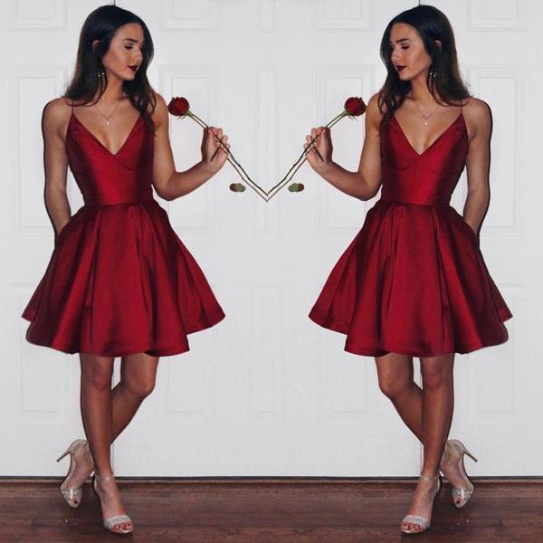 Burgundy Taffeta A-line V-neck Simple Spaghetti Strap Homecoming Dress