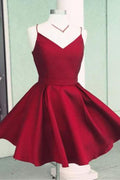 Burgundy Satin A-Line Spaghetti Straps Open Back Homecoming Dress with Bowknot