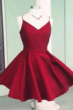 Burgundy Satin A-Line Spaghetti Straps Open Back Homecoming Dress with Bowknot