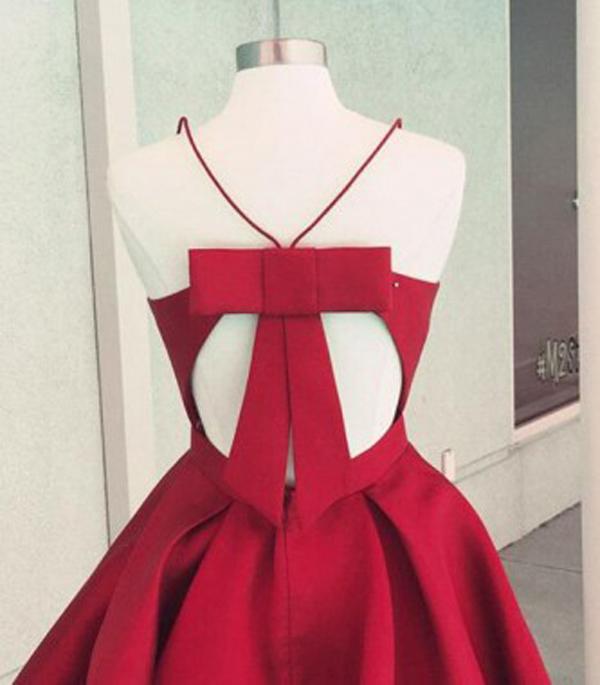 Burgundy Satin A-Line Spaghetti Straps Open Back Homecoming Dress with Bowknot