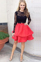 Roter Zweiteiler Schwarzer Spitzenrock Langarm Homecoming Kleid, Kurzes Abschlussballkleid