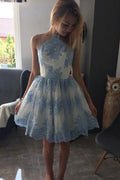 Blue A-line Princess Sleeveless Homecoming Dresses Short Prom Dress with Appliques