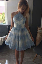 Blue A-line Princess Sleeveless Homecoming Dresses Short Prom Dress with Appliques
