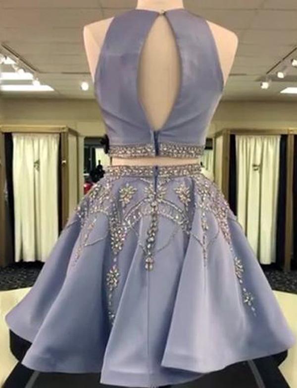 Two Piece A-Line Jewel Sleeveless Short Prom Dress, Homecoming Dress With Beading