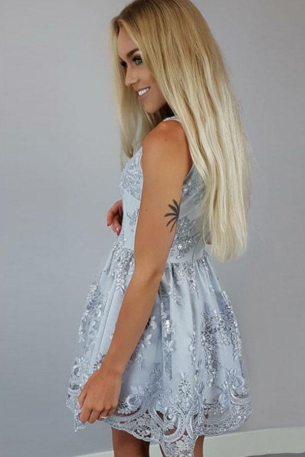 Robe de fête en dentelle satinée, longueur genou, ligne A, col en V, robes de bal de fin d'année