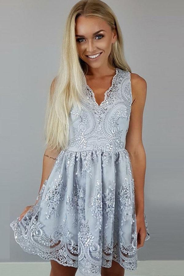 Robe de fête en dentelle satinée, longueur genou, ligne A, col en V, robes de bal de fin d'année