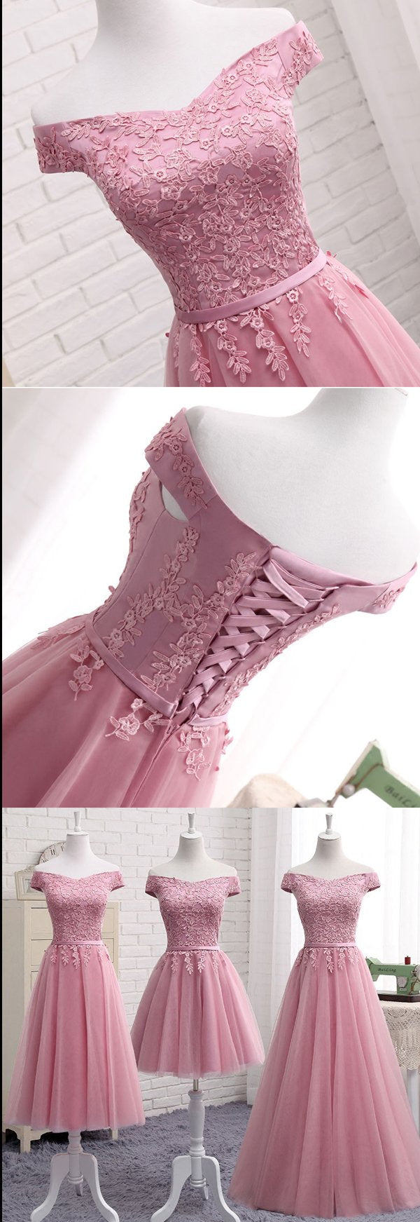 Robe courte de bal rose à épaules dénudées, en dentelle, coupe trapèze, robes de soirée abordables
