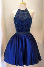 Robes de bal de fin d'année en taffetas bleu royal à col haut et à perles, dos nu