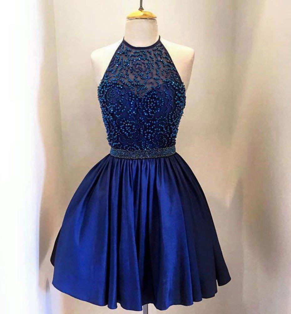 Robes de bal de fin d'année en taffetas bleu royal à col haut et à perles, dos nu
