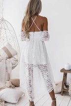 Charming White A-Line Straps High Low Off Shoulder Lace Homecoming Dresses