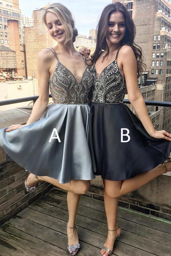 Silber A-Linie V-Ausschnitt Spaghettiträger Kurzes Ballkleid Homecoming Kleider