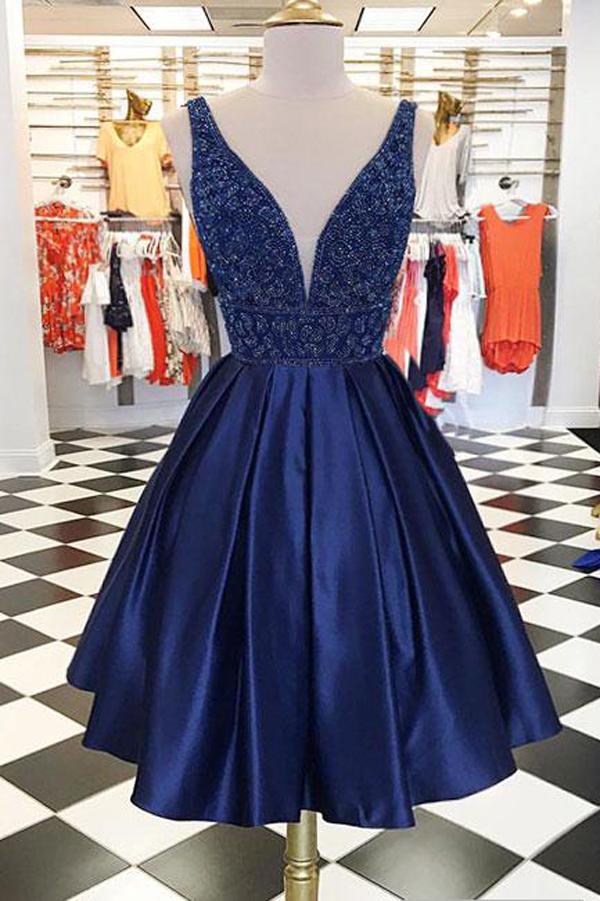 Cute Dark Blue Satin V neck Homecoming Dresses Chic Short Prom Dress
