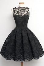 Black Lace A-Line Scalloped-Edge Vintage Homecoming Dress, Short Prom Dress