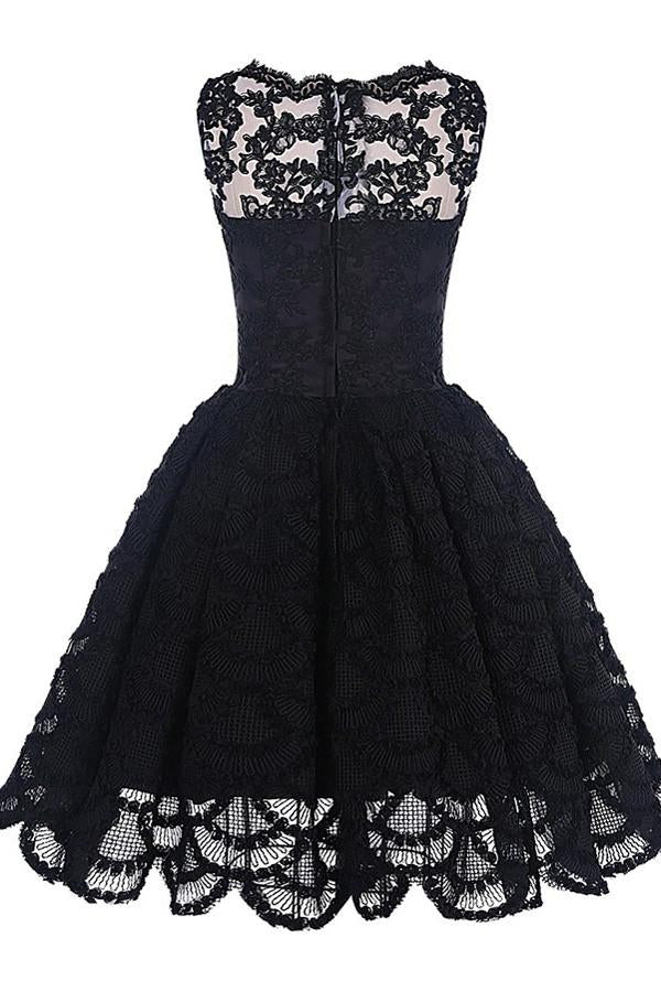 Black Lace A-Line Scalloped-Edge Vintage Homecoming Dress, Short Prom Dress