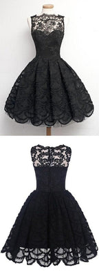 Black Lace A-Line Scalloped-Edge Vintage Homecoming Dress, Short Prom Dress