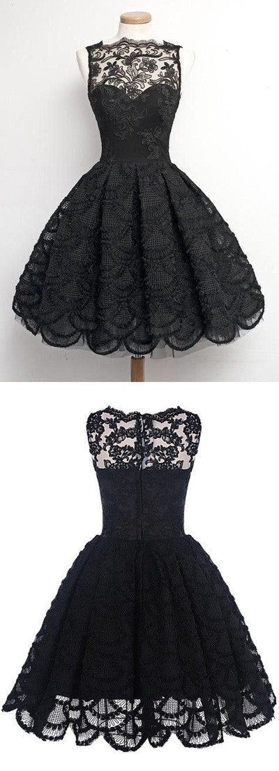 Black Lace A-Line Scalloped-Edge Vintage Homecoming Dress, Short Prom Dress